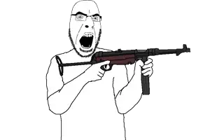 cobson, angry, arm, bald, clothes, front view, gun, half body, hands, holding gun