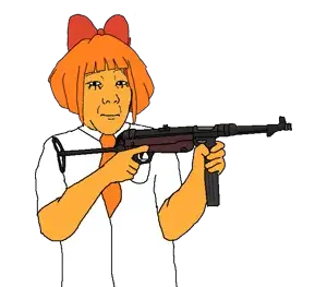 mymy schoppenboer, kuzjak, arm, closed mouth, clothes, front view, gun, hair, hair ribbon, hand