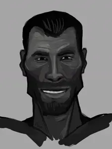 poison, gigachad, beard, black eyes, black hair, buff, front view, gray background, gray skin, hair