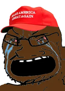 donald trump, soyak, black skin, bloodshot eyes, cap, clothes, crying, distorted, glasses, hat