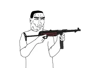 chudjak, perceptive chud, 1soyjak, arm, black hair, buff, closed mouth, clothes, glasses, gun