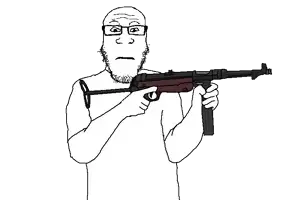 markiplier soyjak, neutralplier, arm, bald, closed mouth, clothes, gun, hands, holding gun, holding object