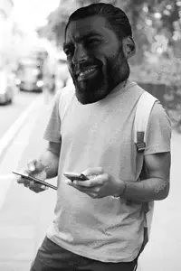 gigachad, backpack, bagh, clothes, gigafied, holding object, holding phone, india, indian, pajeet