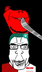 chudjak, impish soyak ears, markiplier soyjak, chudplier, 2soyjaks, black background, black eyes, black hair, covered eyes, crazed