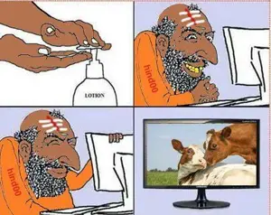 happy merchant, animal, bald, beard, brown skin, closed mouth, computer, cow, fapping, gooning