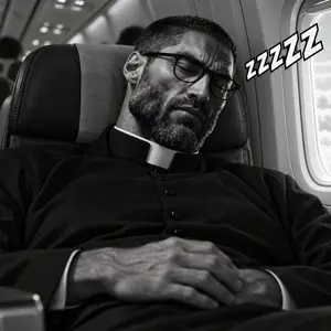 gigachad, catholicism, clothes, glasses, grayscale, hands, plane, priest, seat, sleep