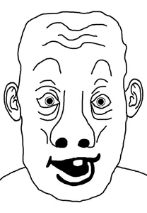 samson, 1soyjak, ear, forehead lines, monochrome, no beard, no glasses, nose, one tooth, open mouth