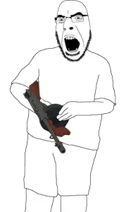 cobson, 1soyjak, almost full body, angry, arm, bald, black eyes, clothes, glasses, gun