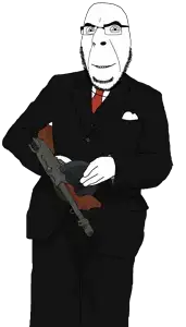 cobson, 1soyjak, almost full body, arm, bald, clothes, glasses, gun, half open mouth, hand