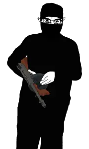 chudjak, chudjak front, almost full body, arm, balaclava, black eyes, black hair, clothes, glasses, gun
