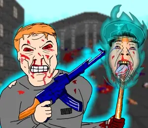 bernd, feraljak, feralrage, troonjak, angry, buff, drawn background, front view, gun, hair