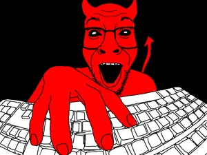 darren, black background, black sclera, computer, demon, demon horns, demon tail, front view, glasses, horns