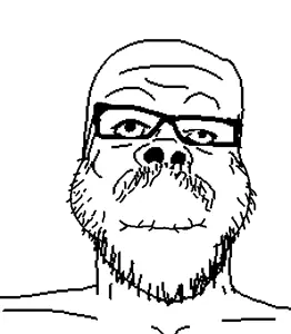 a24 slowburn soyjak, 1soyjak, aliased, bald, beard, closed mouth, eyebrows, glasses, holding breath, looking up