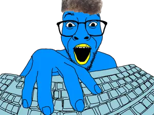 darren, 1soyjak, animal, beak, bird, black eyes, blue skin, brown hair, computer, curly hair