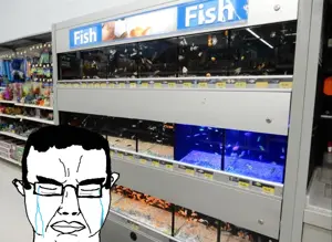 chudjak, chudjak front, 1soyjak, animal, black hair, closed eyes, crying, eyes, fish, glasses