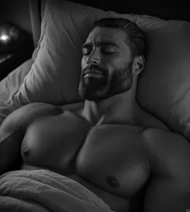 gigachad, beard, bed, buff, ernest khalimov, gray hair, gray skin, grayscale, hair, muscles