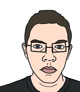 bu5tjak, blue eyes, brown hair, closed mouth, clothes, ear, eyebrows, front view, glasses, hair