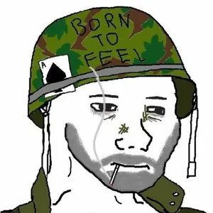 wojak, black eyes, born to feel, cigar, closed mouth, clothes, hat, helmet, open eyes, skinny