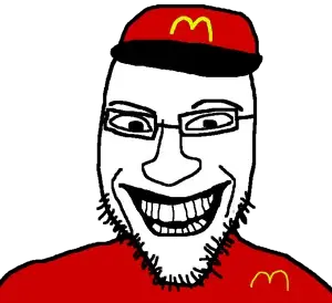 susjak, cap, clothes, glasses, grin, hat, jerma985, mcdonalds, open mouth, soyjak