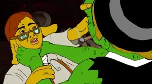 pepe, blonde hair, brown hair, choking, cigar, clothes, glasses, green skin, hair, hat