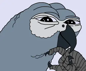 pepe, animal, beak, bird, black eyes, blue background, claw, gray skin, hand on chin, looking at you