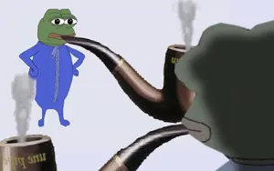 pepe, blue clothes, blue shirt, full body, green skin, hands on hips, looking at each other, pipe, showdown, smoke