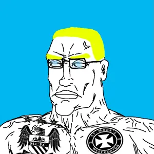 chudjak, chudjak front, muscular chud, perceptive chud, aryan, 1soyjak, a10 eyes, blonde hair, blue background, blue eyes