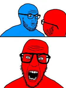 nerdjak, geek vs nerd, 3soyjaks, blue, blue skin, glasses, open mouth, red, red skin, soyjak