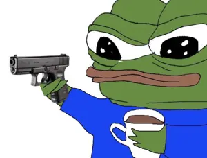 apu, pepe, amphibian, animal, blue shirt, closed mouth, frog, green skin, gun, hands