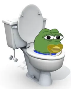 pepe, amphibian, animal, blue shirt, closed mouth, frog, green skin, looking at you, pacifier, toilet