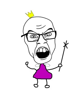 feraljak, angry, clothes, crown, fairy, full body, glasses, hat, holding object, soyjak