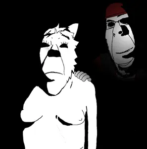 anti furry unit, rapeson, cobson, hornyson, rapeson, 2soyjaks, biting lip, black background, closed mouth, evil