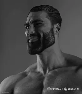 gigachad, ai audio, angry, beard, black eyes, black hair, buff, front view, gaping mouth, gray background