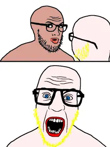 nerdjak, amerimutt, geek vs nerd, blonde hair, blue eyes, brown skin, glasses, hair, open mouth, soyjak