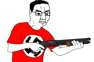 chudjak, 1soyjak, arm, black eyes, closed mouth, clothes, glasses, gun, hair, half body
