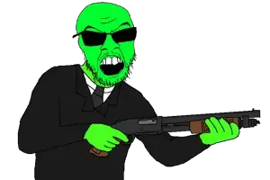feraljak, glowie, arm, bald, clothes, glasses, glowing, green skin, gun, hand