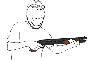 gapejak, wholesome soyjak, 1soyjak, arm, bald, clothes, glasses, gun, hand, hands