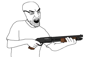 kliksjak, 1soyjak, angry, arm, bald, clothes, gaping mouth, glasses, gun, half body