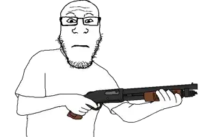 markiplier soyjak, neutralplier, arm, bald, closed mouth, clothes, glasses, gun, hand, hands