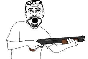 lutejak, arm, bald, clothes, glasses, gun, hand, hands, holding gun, holding object