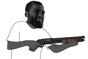 gigachad, arm, clothes, gray skin, gun, hair, half body, hand, hands, holding gun