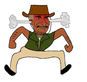 australian shitposter, angry, australia, brown skin, clothes, full body, hair, hat, jumping, looking to the right