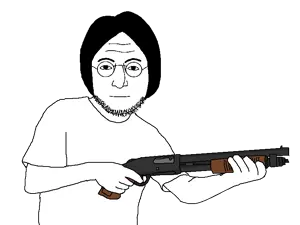 lennonjak, arm, closed mouth, clothes, glasses, gun, half body, hand, hands, holding gun
