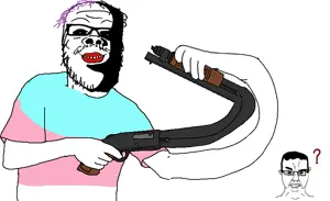 a24 slowburn soyjak, chudjak, chudjak front, 2soyjaks, arm, closed mouth, clothes, confused, gun, hair