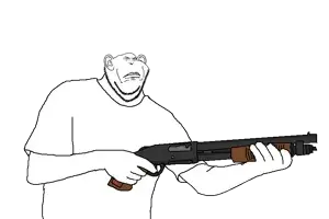 impish soyak ears, angry, arm, closed mouth, clothes, ear, gun, half body, hand, hands