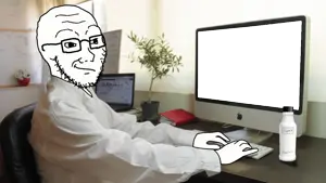 soyak, arm, bald, black eyes, chair, closed mouth, computer, desk, drink, forehead lines