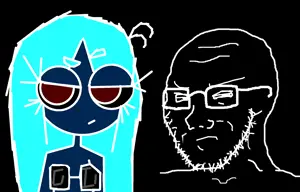 soyak, soyak (smug), angry, black background, black skin, blue hair, blue skin, brown eyes, bushy eyebrows, closed mouth