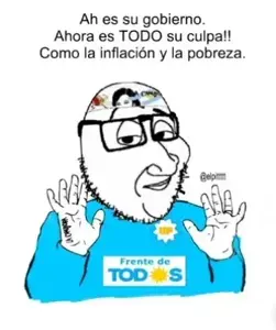 smugjak, 1soyjak, argentina, bald, black eyes, blue shirt, closed mouth, front view, glasses, half body