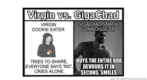 gigachad, wojak, bald, beard, black eyes, black hair, buff, closed mouth, english text, gray skin