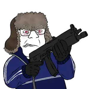 feraljak, albinism, albino, albino eyes, albinoid, angry, black glasses, black gloves, blue navy tracksuit, brown ushanka